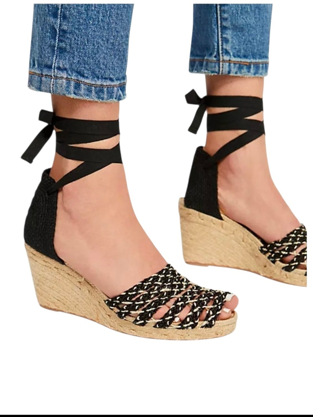 NIB Free People Amalfi Coast Espadrille Wedge Sandals Black Ankle Wrap Boho Sz 9